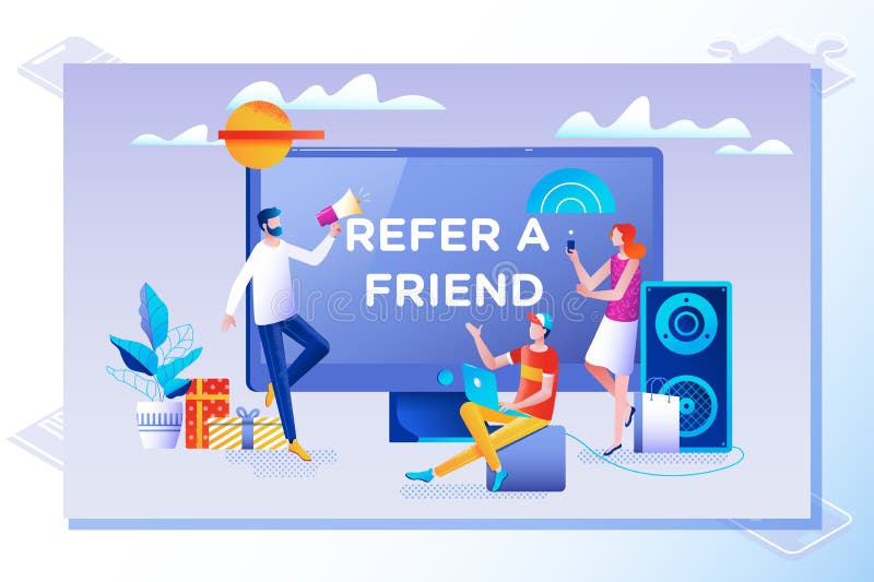 Refiera un concepto del amigo Amigo que comparte código de la remisión Ejemplo del vector con el carácter, página de aterrizaje stock de ilustración Refiera un concepto del amigo Amigo que comparte código de la remisión Ejemplo del vector con el carácter, página de aterrizaje stock de ilustración