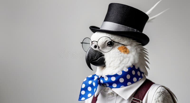 A Refined Cockatoo. Porträtt av en fågel i en övre kupé och glasögon. arkivbild