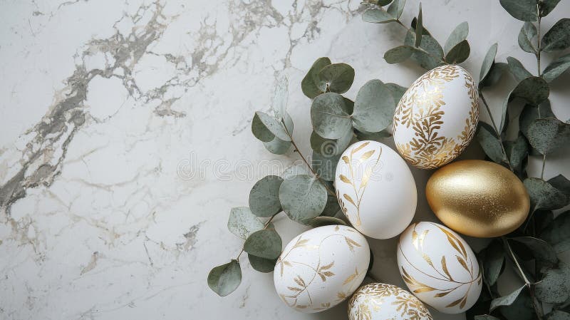 Refined Easter eggs arranged on a marble surface, enhanced with decorative greenery and soft lighting, creating a royalty free stock photography
