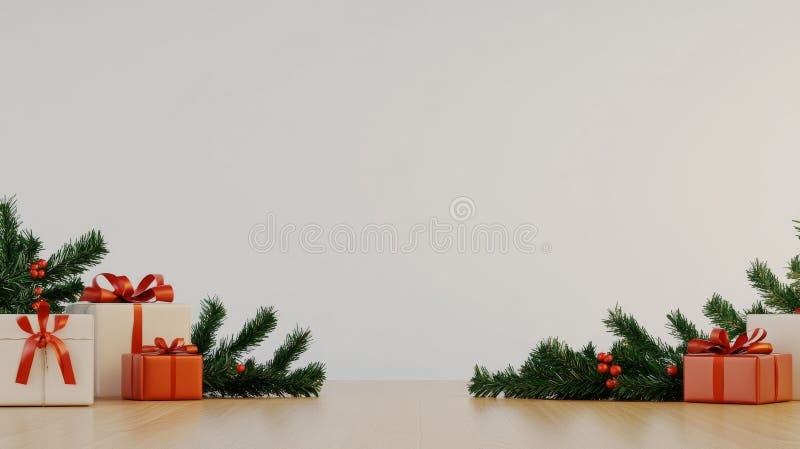 A refined holiday backdrop showcasing gifts and branches of a Christmas tree stock photos