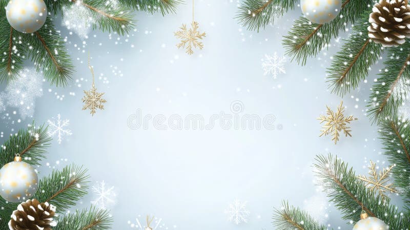 Refined holiday decorations with luminous ornaments and snowflakes hanging from greenery in a winter setting. stock photo