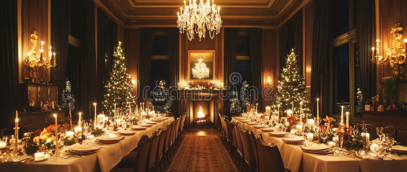 A refined holiday dinner arranged in a stately manor stock images