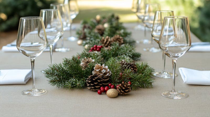 A refined table setup with a cream tablecloth, accented with festive greenery, red berries, and pinecones, making it stock photography
