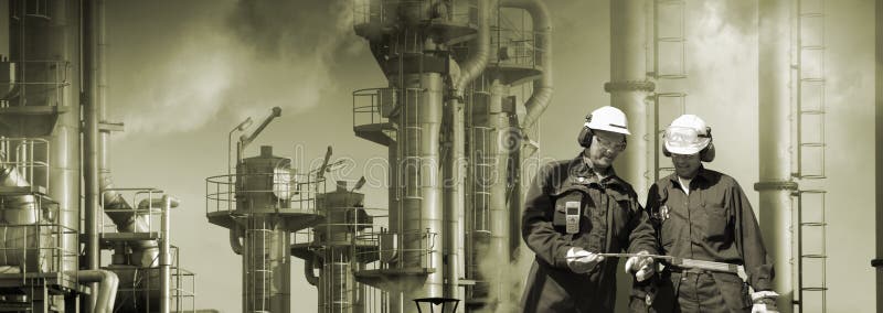 Two workers, engineers with large refinery in background, panoramic view and in a brown toning. smoke, smog and clouds. Two workers, engineers with large refinery in background, panoramic view and in a brown toning. smoke, smog and clouds.