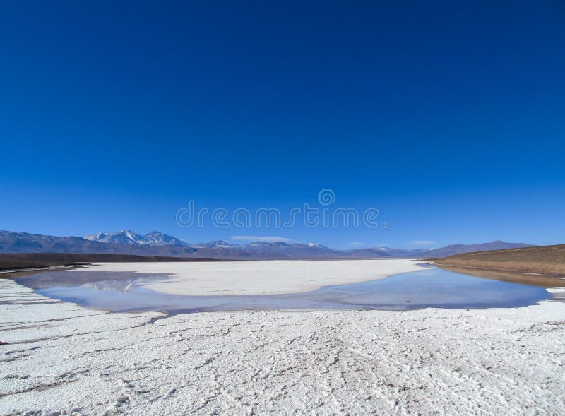 Reflection of Andes Mountain Range in Maricunga Salt Lake Stock Image