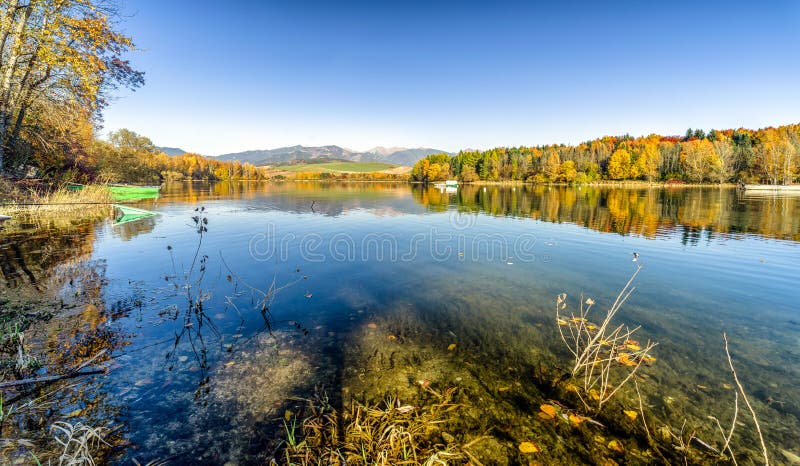 Reflection of autumn trees on lake