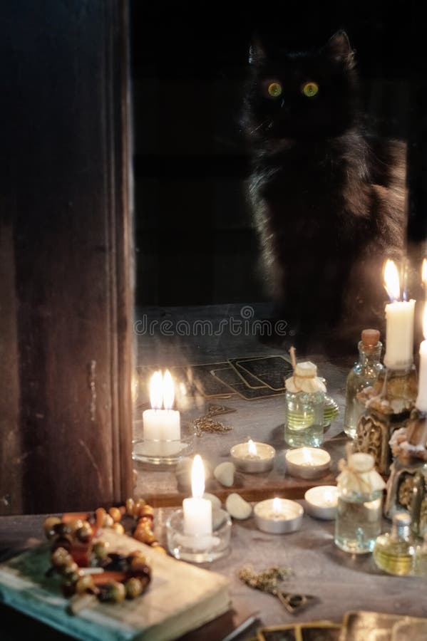 Reflection of a Black Cat and Burning Candles in an Old Mirror Stock