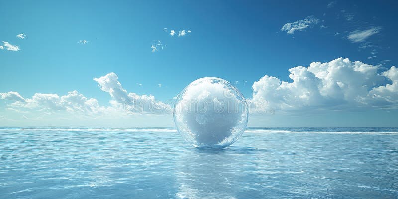 Reflection of clouds in a transparent sphere over calm ocean waters under a bright blue sky. A transparent sphere floats above calm ocean waters, reflecting fluffy clouds and a bright blue sky. The AI generated