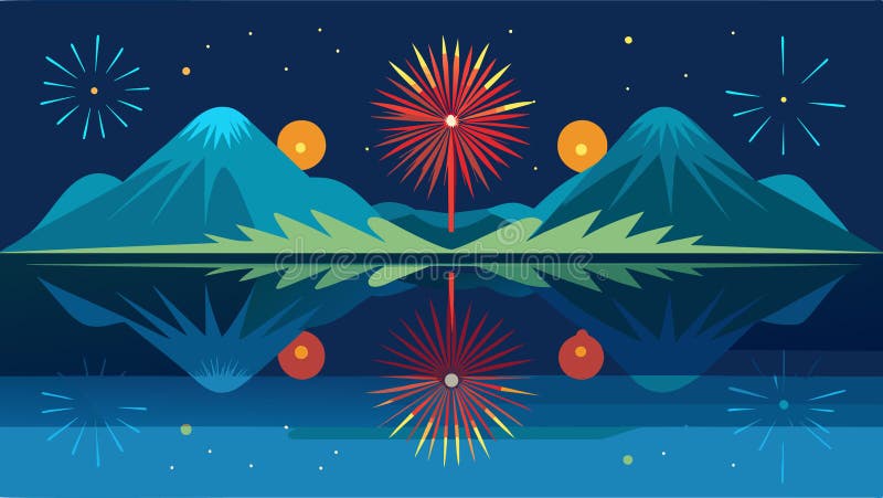 The reflection of fireworks in a lake representing the ripple effect of freedom for all.. Vector illustration AI generated