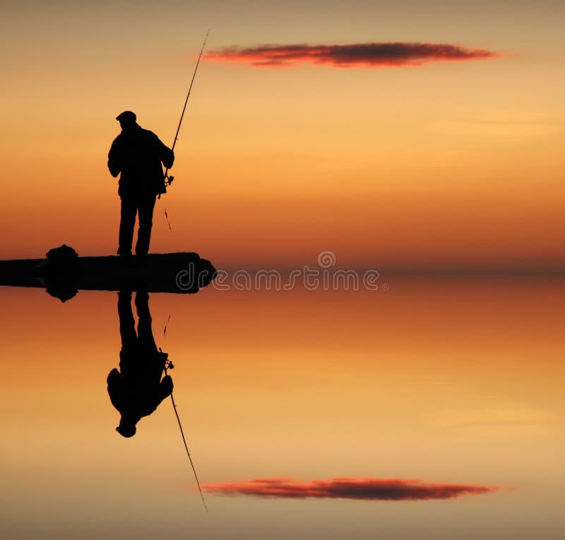 Reflection of a fisherman in the water. Male, patience.