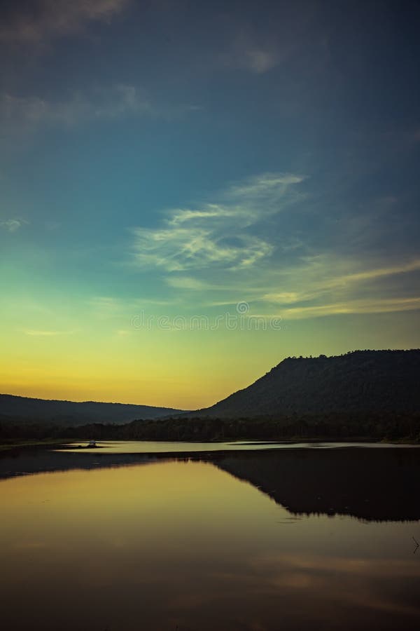 Reflection of a Mountain in Thailand. Mountains reflecting in water. Lake landscape. Huai Lao Yang Reservoir Royal Project at Nong