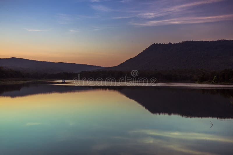 Reflection of a Mountain in Thailand. Mountains reflecting in water. Lake landscape. Huai Lao Yang Reservoir Royal Project at Nong