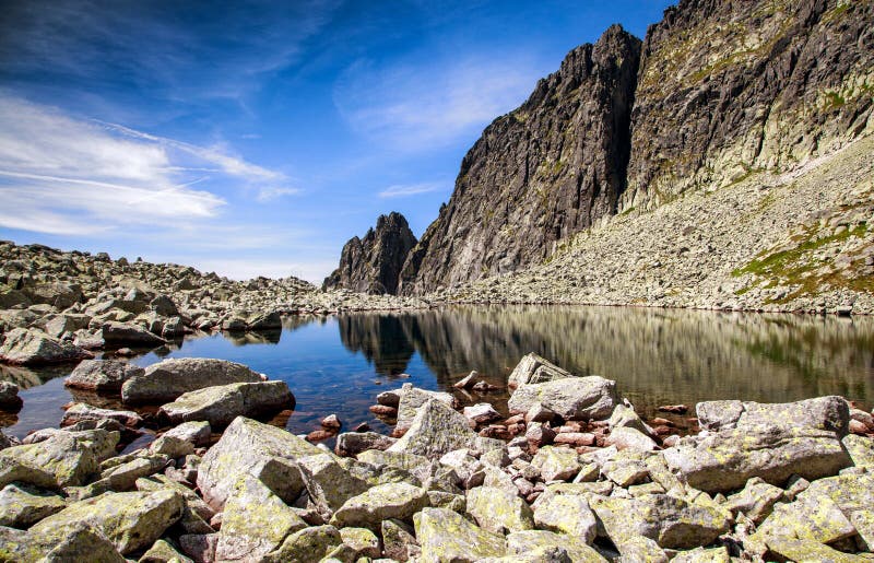 Reflection of peaks in mountains. Tarn - Wahlenbergovo pleso in High Tatras at Slovakia