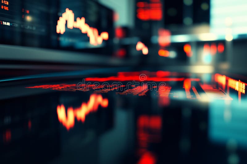 Reflection of stock market data on a polished surface in a modern financial office setting stock images