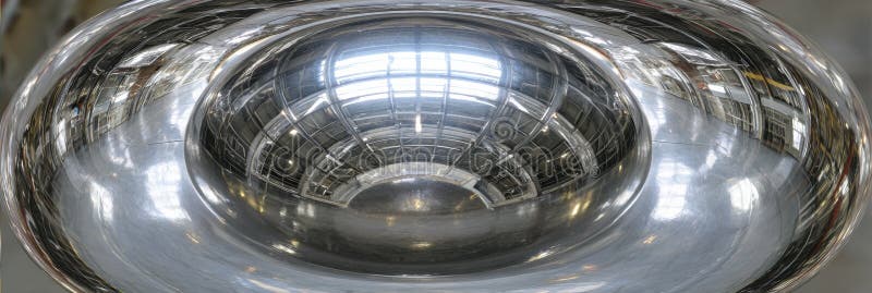 Abstract Reflection of Indoor Industrial Space in a Large, Polished Metal Sphere or Curved Surface, Showing Distorted royalty free stock photography