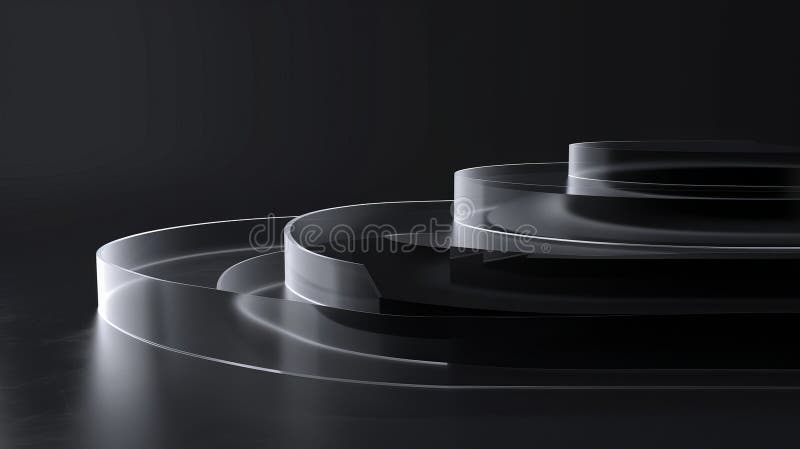 Reflective glass layers in dynamic arrangement. Abstract rendering of reflective glass layers arranged in a flowing, dynamic pattern against a black background, creating a futuristic and sleek visual. AI generated.