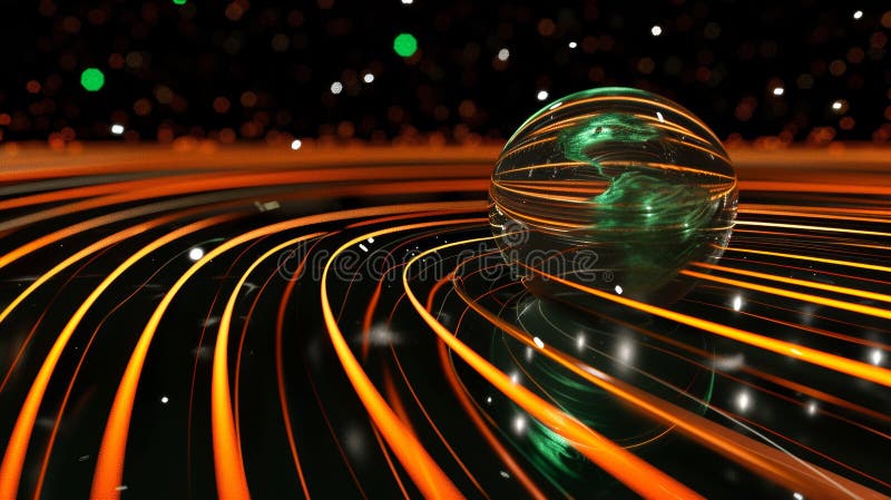 Reflective glass sphere with dynamic light trails stock image
