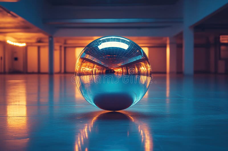 Reflective glass sphere in a modern architectural space stock photos