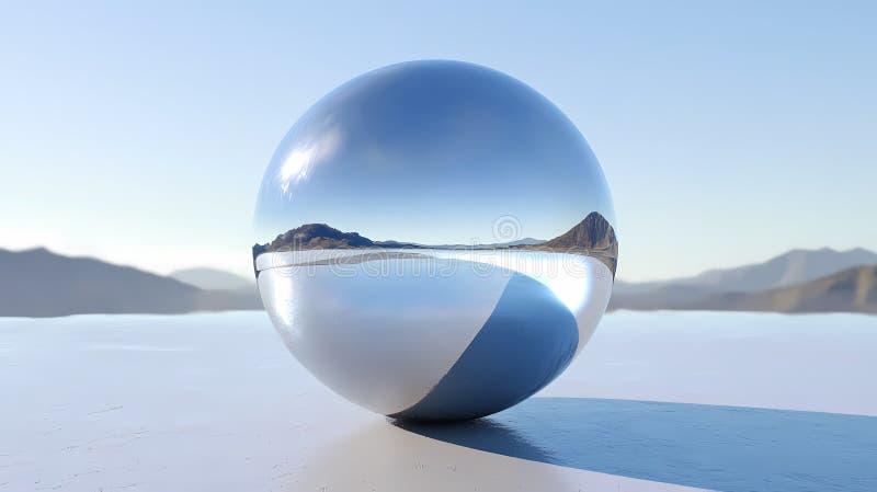 A reflective glass sphere rests on a smooth surface, capturing and distorting the surrounding landscape. The background features distant mountains under a clear blue sky. The sphere acts as a convex mirror, reflecting the horizon and part of the sky. Shadows cast on the surface enhance the three-dimensional illusion, providing depth and context within a serene, natural setting.