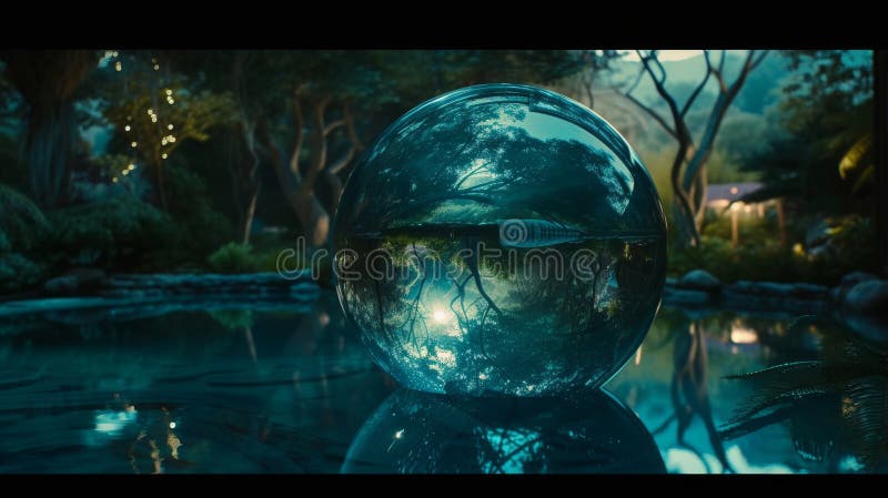 Reflective glass sphere in tranquil forest setting royalty free stock photography