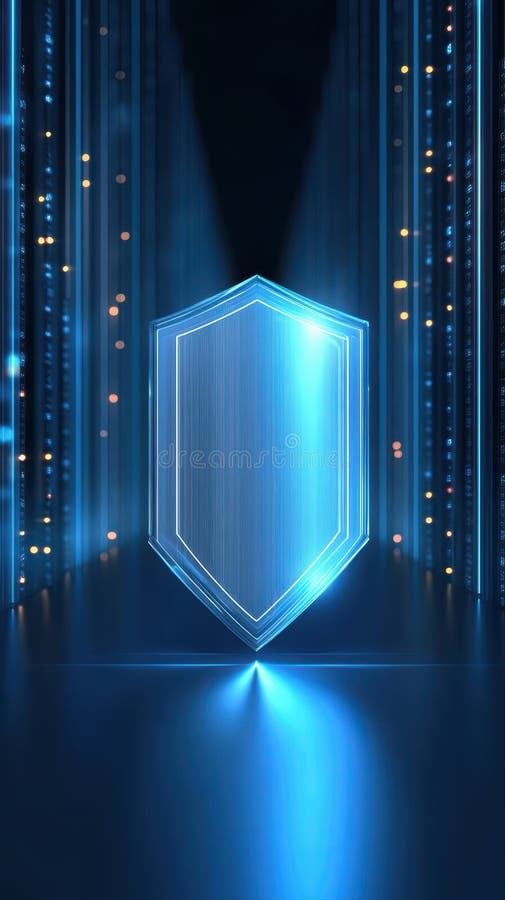 A reflective shield glows with neon blue light in a futuristic space, protected by digital data streams and glowing royalty free stock image
