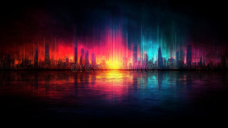 From a reflective surface, colorful light beams rise in an abstract digital setting stock image