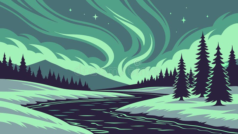 Reflecția Aurora borealis a luminilor nordice ale râurilor afișează proiectarea vectorului peisajului arctic Generative AI vector illustration
