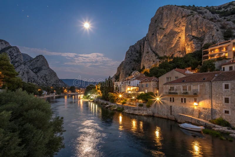 Reflecția luminilor orașului și orașului în râul Cetina. stock illustration