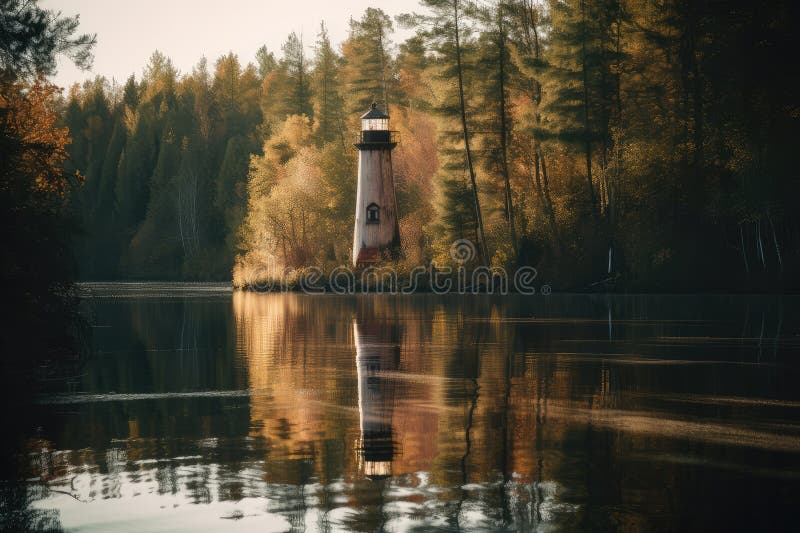 Reflejo del faro en un lago aún tranquilo rodeado de bosque creado con ai generativo