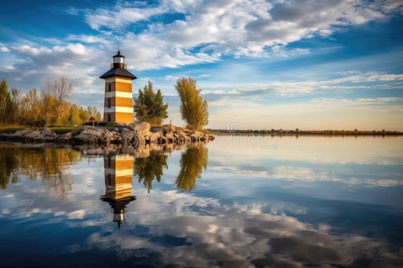 Reflejo del faro histórico y del lago tranquilo en un paisaje pintoresco ilustración del vector