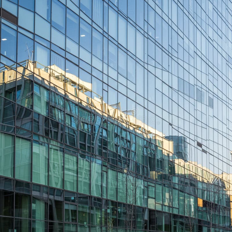 Reflekterande glasfasad i en modern byggnad som fångar upp den förvrängda bilden av en annan struktur stock illustrationer