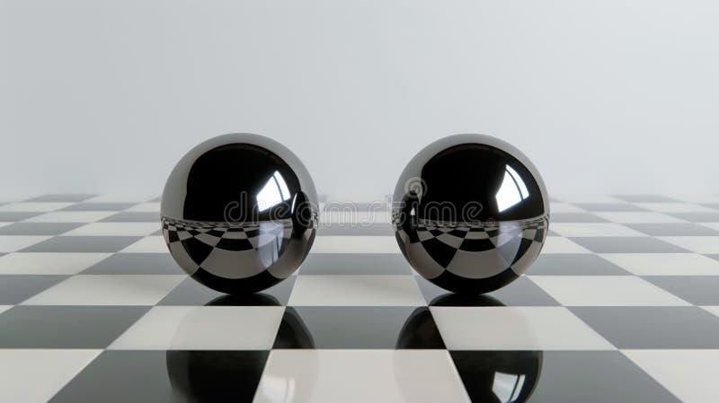 Reflektierende schwarze Kugeln auf karierter Oberfläche, minimalistisches Design. Zwei hochreflektierende schwarze Kugeln ruhen auf einer karierten Oberfläche und schaffen eine minimalistische und symmetrische Komposition. Die polierten Oberflächen spiegeln das Karomuster wider und unterstreichen die geometrische und moderne Ästhetik. KI generiert