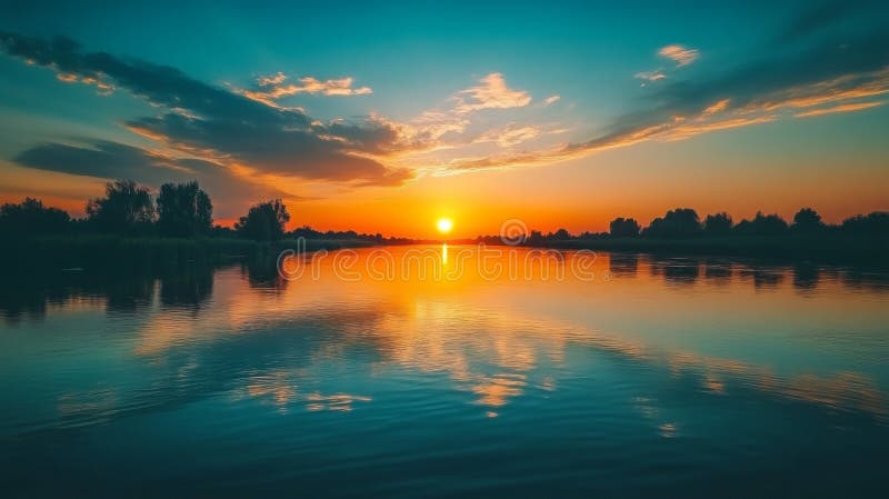 Reflexia apusului pe un râu calm cu arbori siluetați vector illustration
