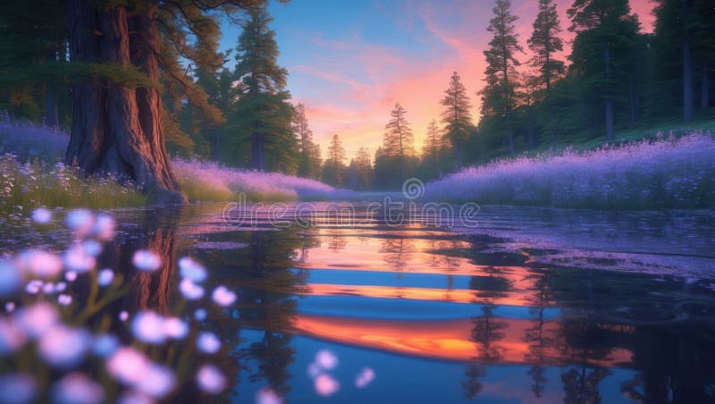 Reflexie senină a apusului pe râul Calm în pădurea magică stock illustration
