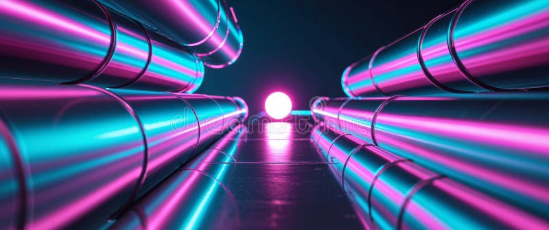 Reflexiones de luz de neón futurista sobre tubos metálicos para la estética del diseño moderno fotos de archivo