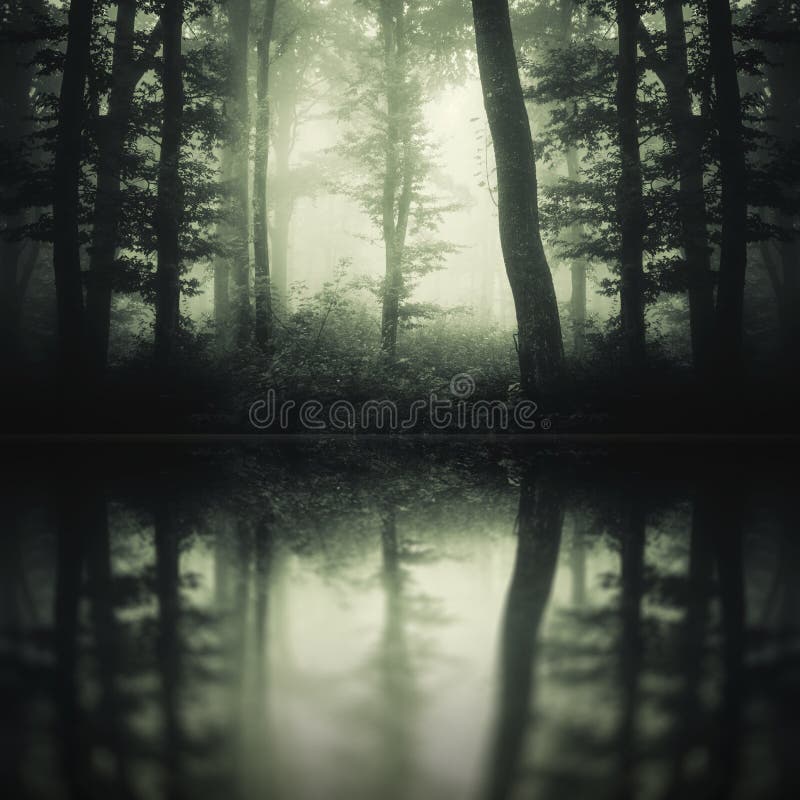 Lago Oscuro En La Noche En El Bosque Con La Reflexión Foto de archivo