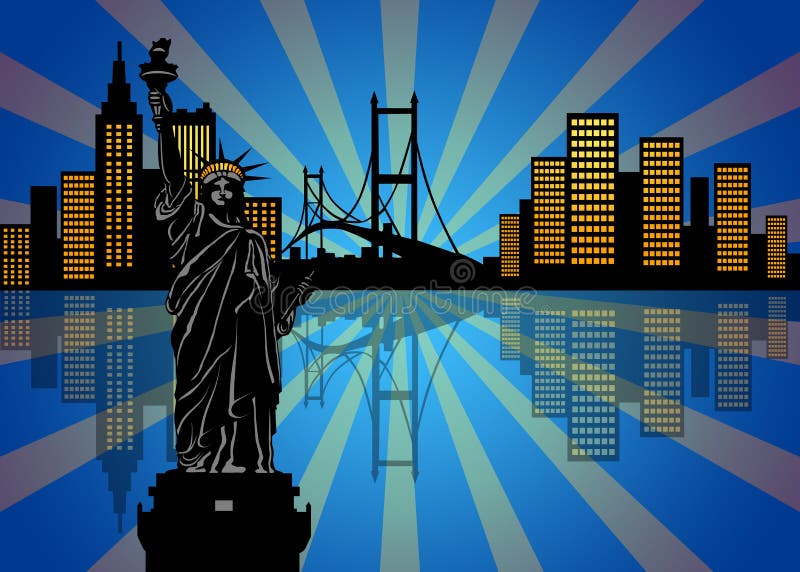 Reflexão da skyline de New York City na noite ilustração do vetor Reflexão da skyline de New York City na noite ilustração do vetor