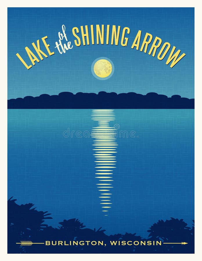 Reflexo da lua brilhante no lago, poster de viagem ilustração do vetor