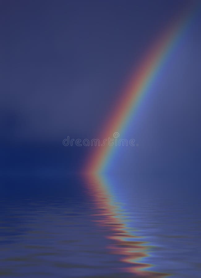 Colorful bright rainbow set against sky with reflection. Colorful bright rainbow set against sky with reflection