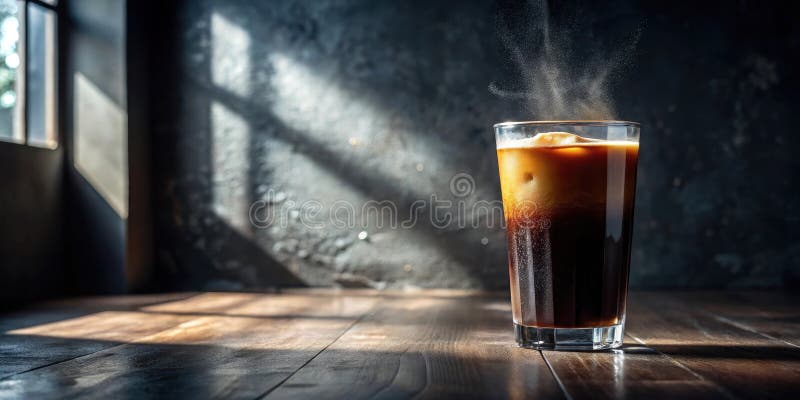 Refrescando café helado en un vaso sobre la superficie de madera. IA generativa. Una elegante composición digital que refleja las sensibilidades artísticas contemporáneas.