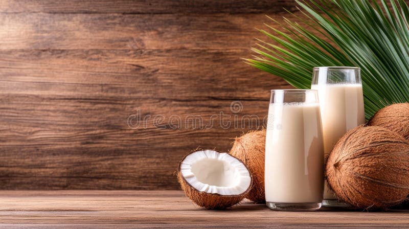 Refrescante de leche de coco con cocos frescos y hojas de palma sobre mesa de madera stock de ilustración