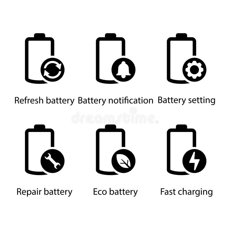 Refresh, Notification, setting, Repair, Eco battery, Fast charging, icon stock illustration