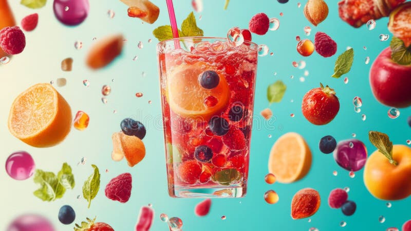Refreshing Berry Fruit Cocktail with Levitation Photos (Odświeżanie Koktajlu Owoców Jagodowych) ilustracji