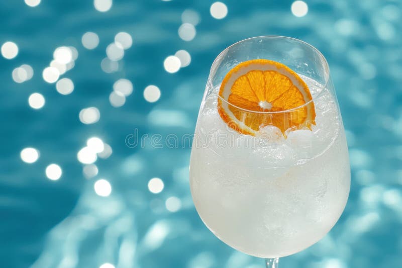 Refreshing citrus cocktail by the pool with sparkling bokeh stock illustration