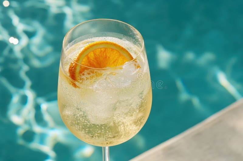 Refreshing citrus spritzer in wine glass by poolside on sunny day royalty free illustration