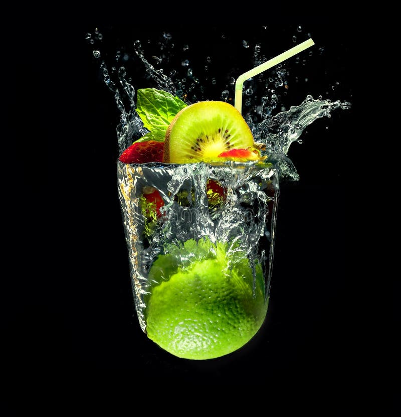 Refreshing cocktail in imaginary glass out of water splashes on black background