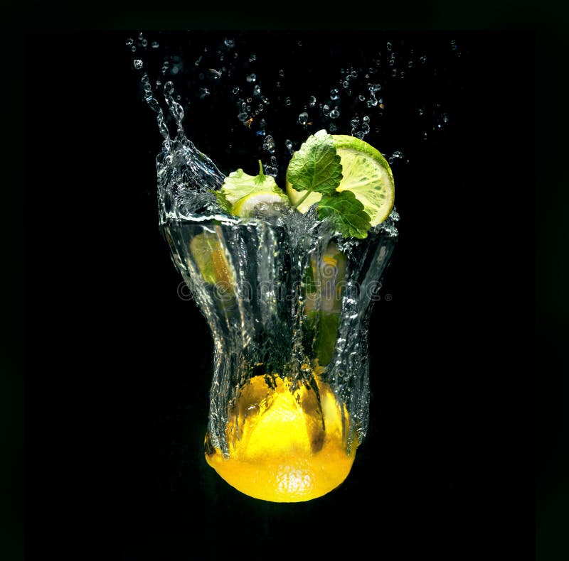 Refreshing cocktail in imaginary glass out of water splashes on black background