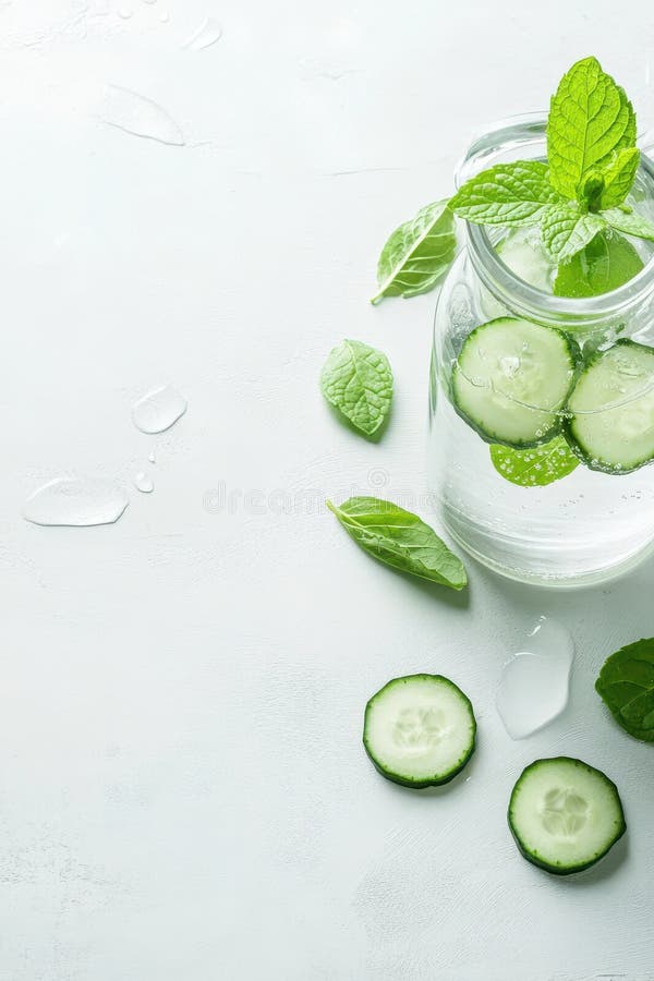 Refreshing Drink with Cucumber and Mint Leaves in Glass. Cold Beverage for Health and Fitness on White Surface. Water Drops Around stock photos