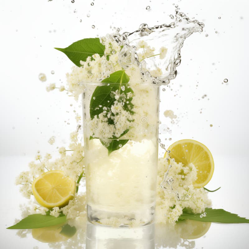 A refreshing drink with lemon and elderflower creating vibrant splashes in clear glass royalty free illustration