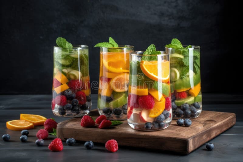 Refreshing Fruitinfused Water Beverage, with Chunks of Fruit and Ice